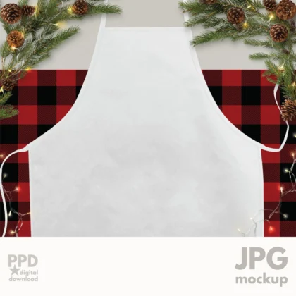 the Christmas Apron Mockup, Buffalo Plaid is a rustic country image of pine cones and branches surrounding a buffalo plaid backdrop and a white apron laid flat