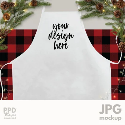 the Christmas Apron Mockup, Buffalo Plaid is a rustic country image of pine cones and branches surrounding a buffalo plaid backdrop and a white apron laid flat