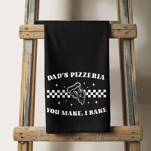 a personalized retro pizza tea towel in black