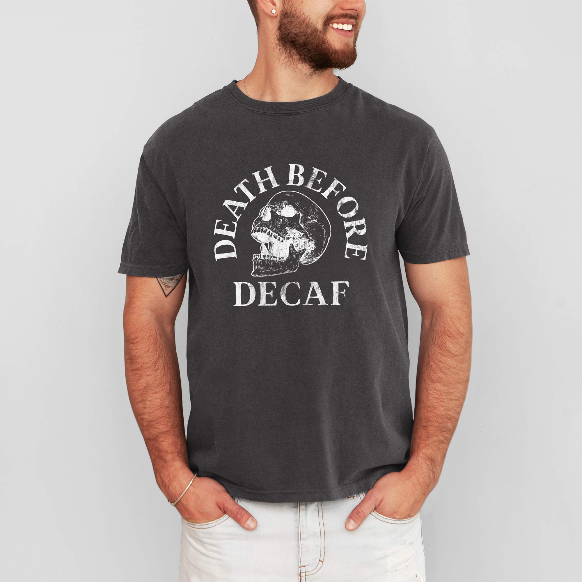 A man wearing a Death Before Decaf Garment Dyed Tee in pepper