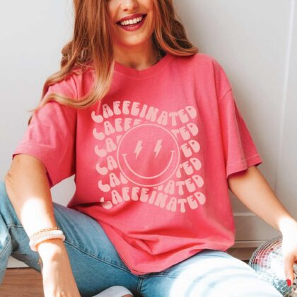 a Retro Caffeinated T-Shirt in watermelon