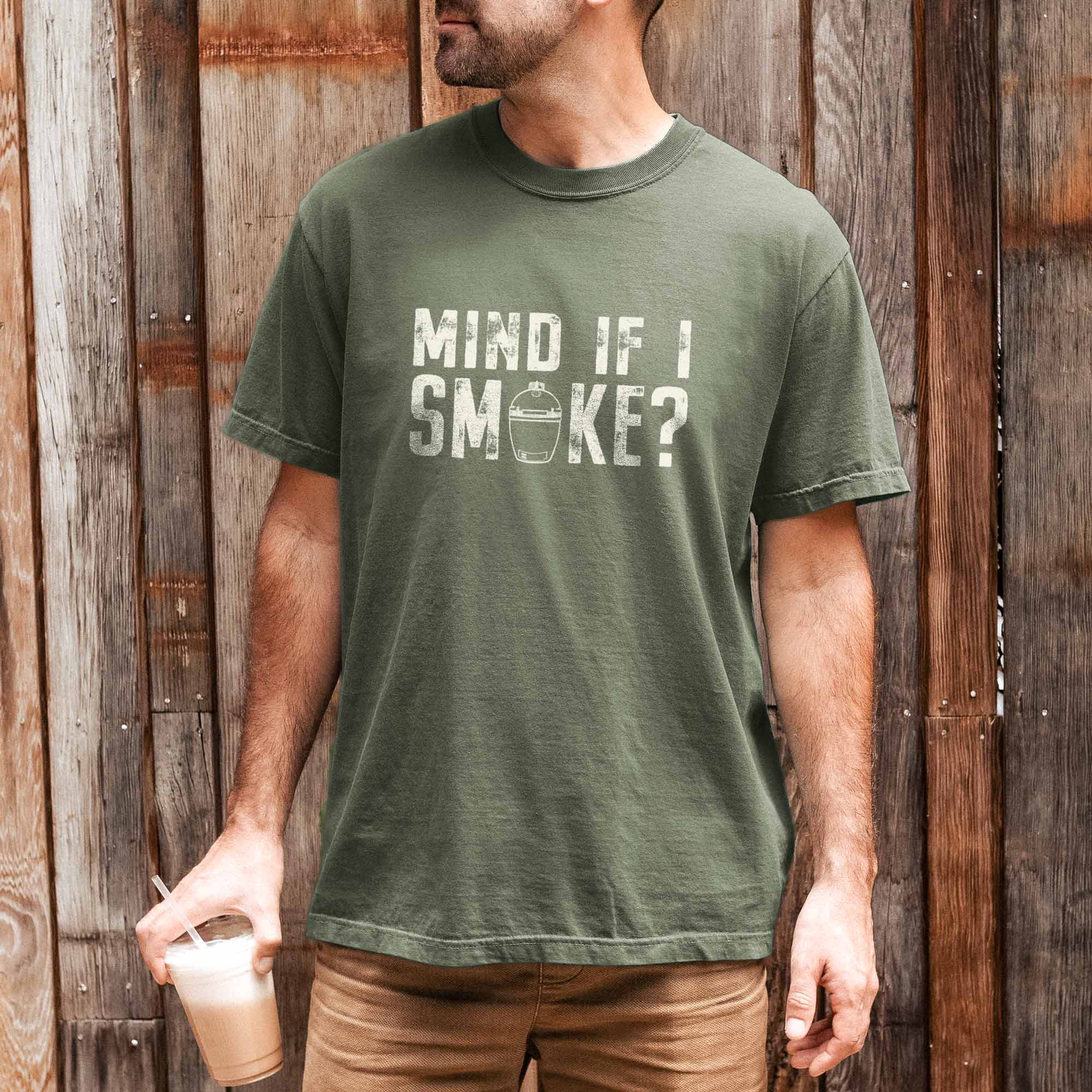 a man wearing a Mind If I Smoke Shirt in moss