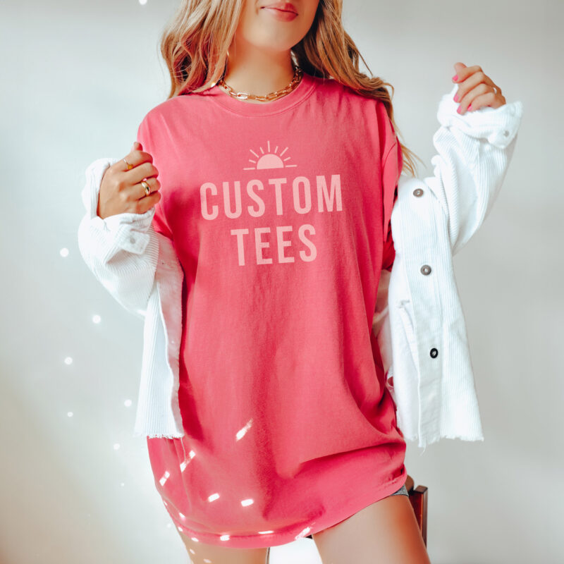 A woman wearing a Custom Comfort Colors Tee - Summer Colors in watermelon