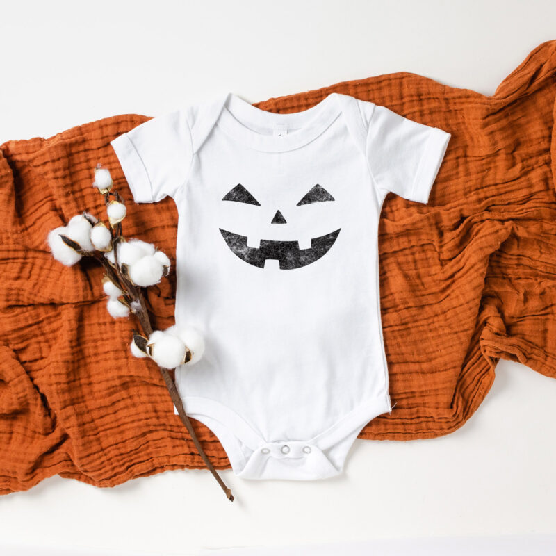 a Jack-O-Lantern Halloween Onesie in White