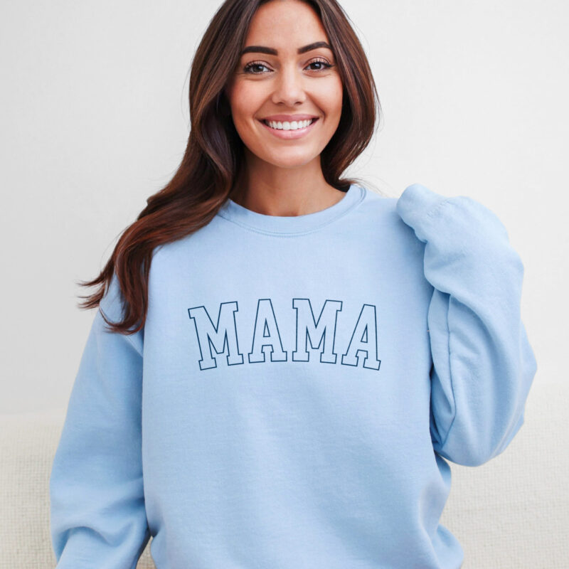 a woman wearing a Mama Crewneck In Blue