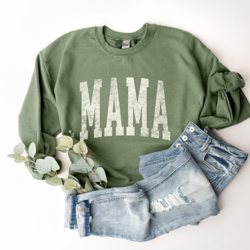 a trendy mama crewneck sweatshirt in military green
