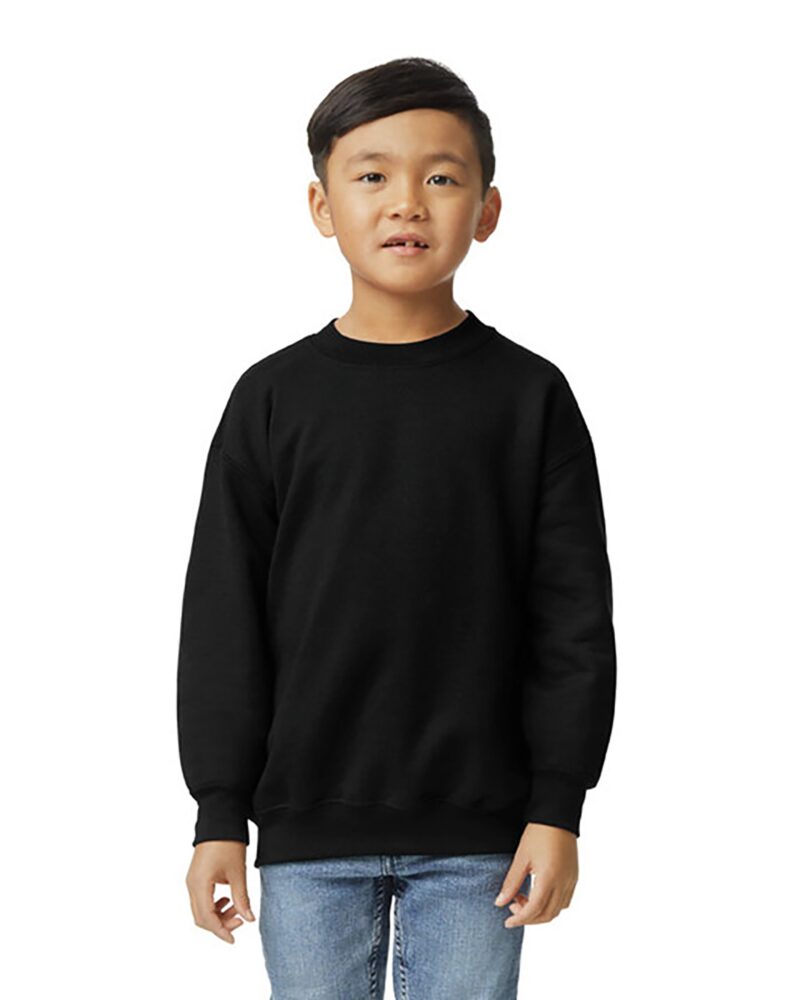 a boy wearing a custom youth crewneck sweatshirt in black