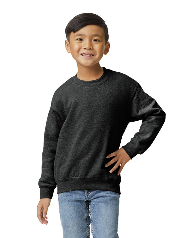 a boy wearing a custom youth crewneck sweatshirt in dark heather