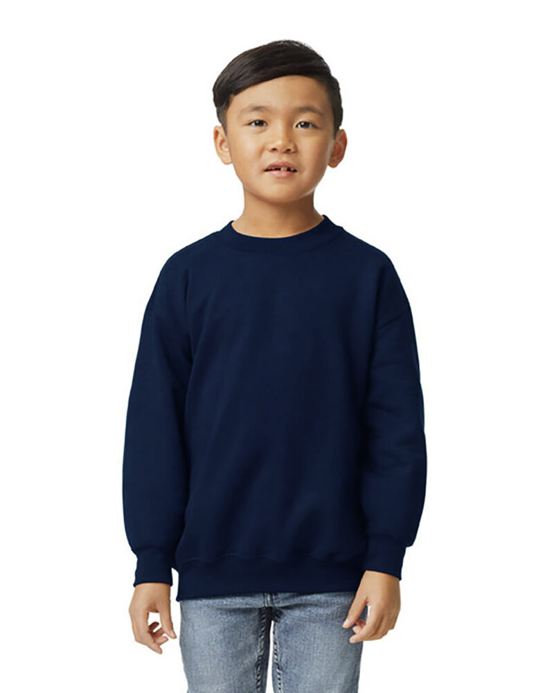 a boy wearing a custom youth crewneck sweatshirt in navy