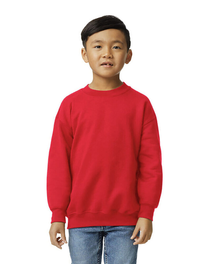 a boy wearing a custom youth crewneck sweatshirt in red
