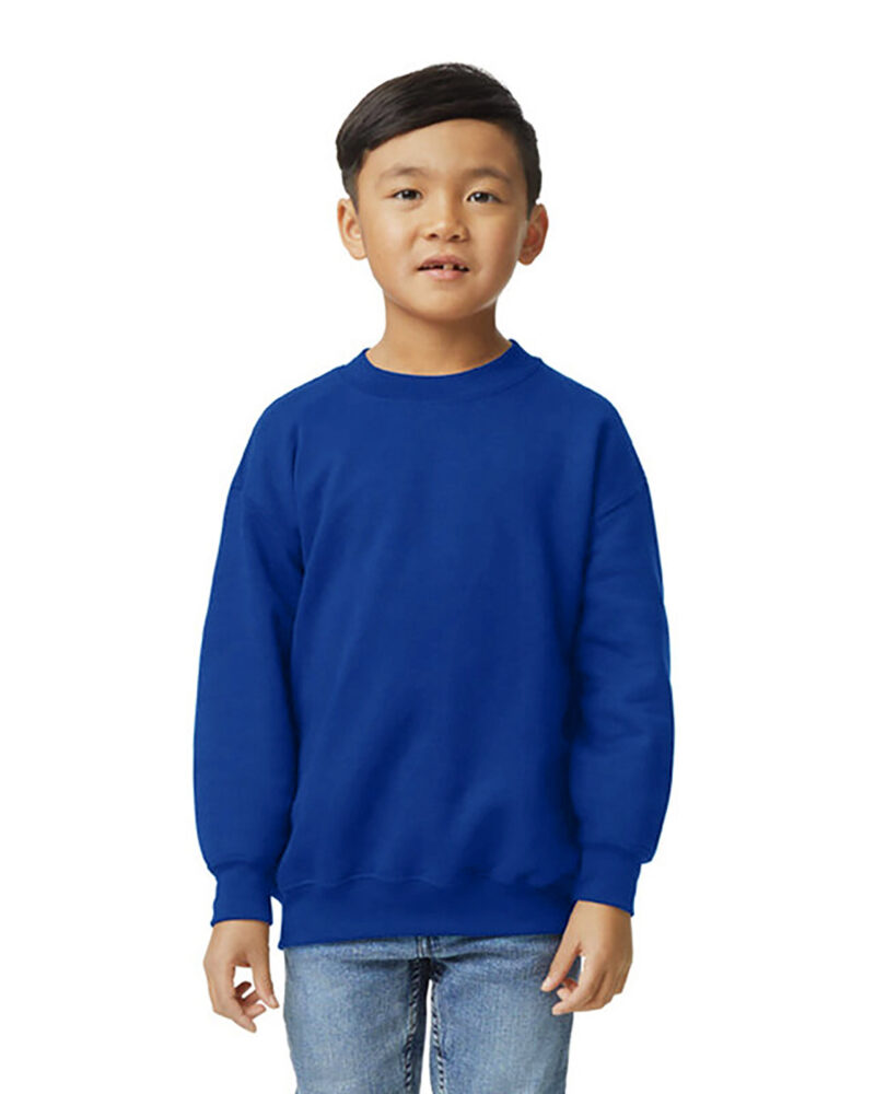 a boy wearing a custom youth crewneck sweatshirt in royal