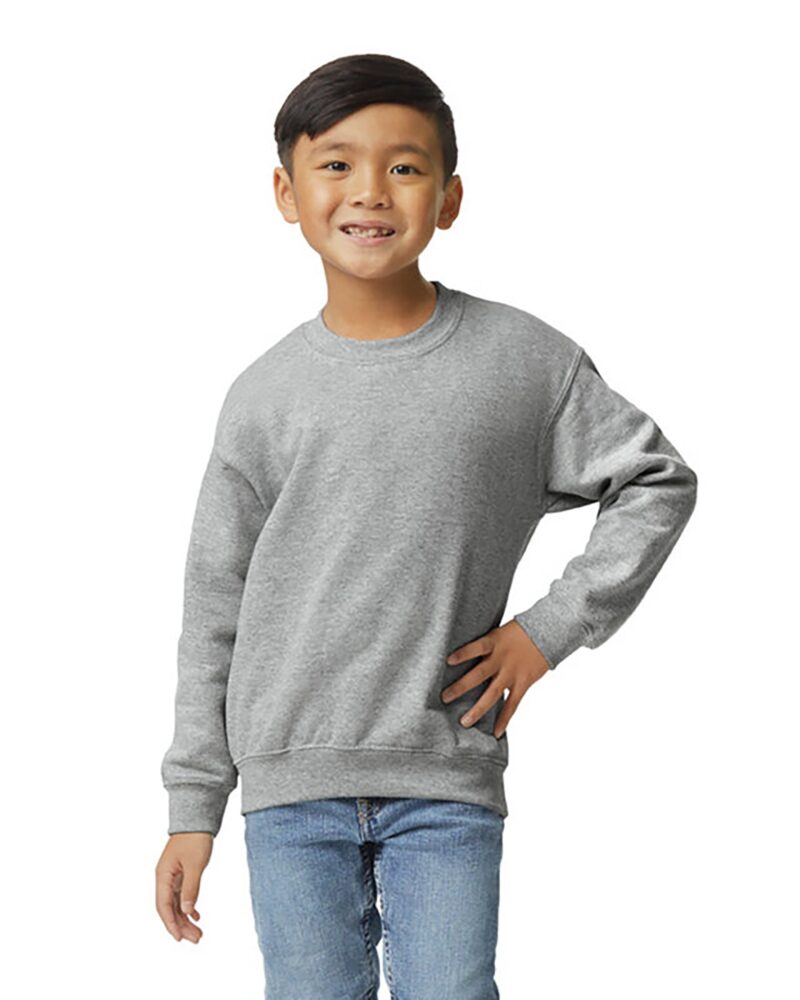 a boy wearing a custom youth crewneck sweatshirt in sport grey
