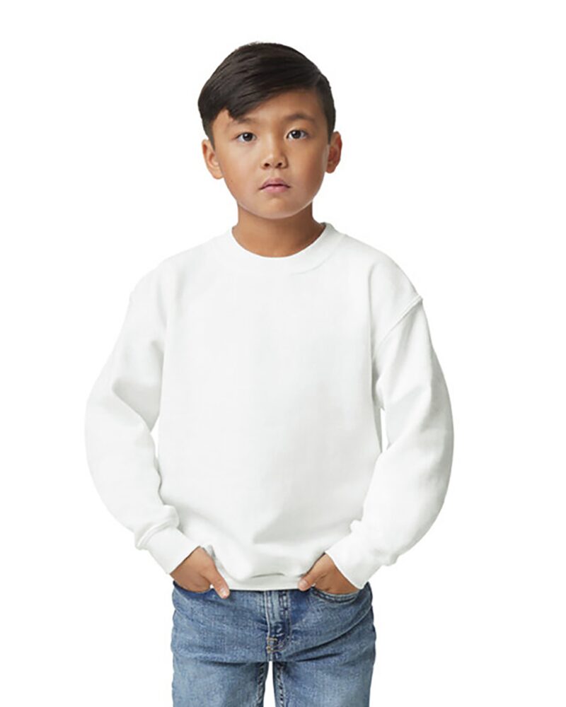 a boy wearing a custom youth crewneck sweatshirt in white