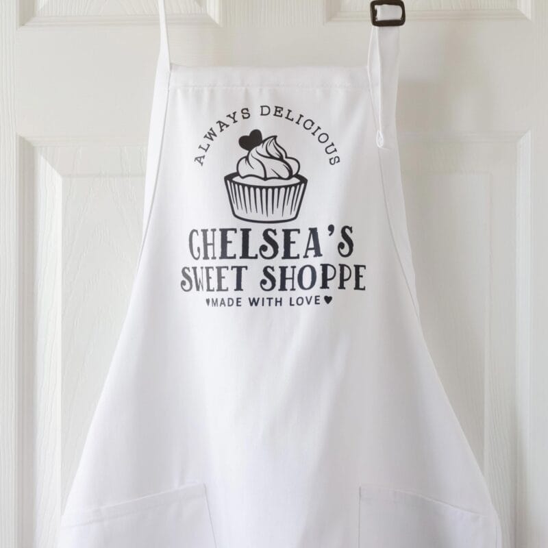 a Personalized Cupcake Baking Apron in white