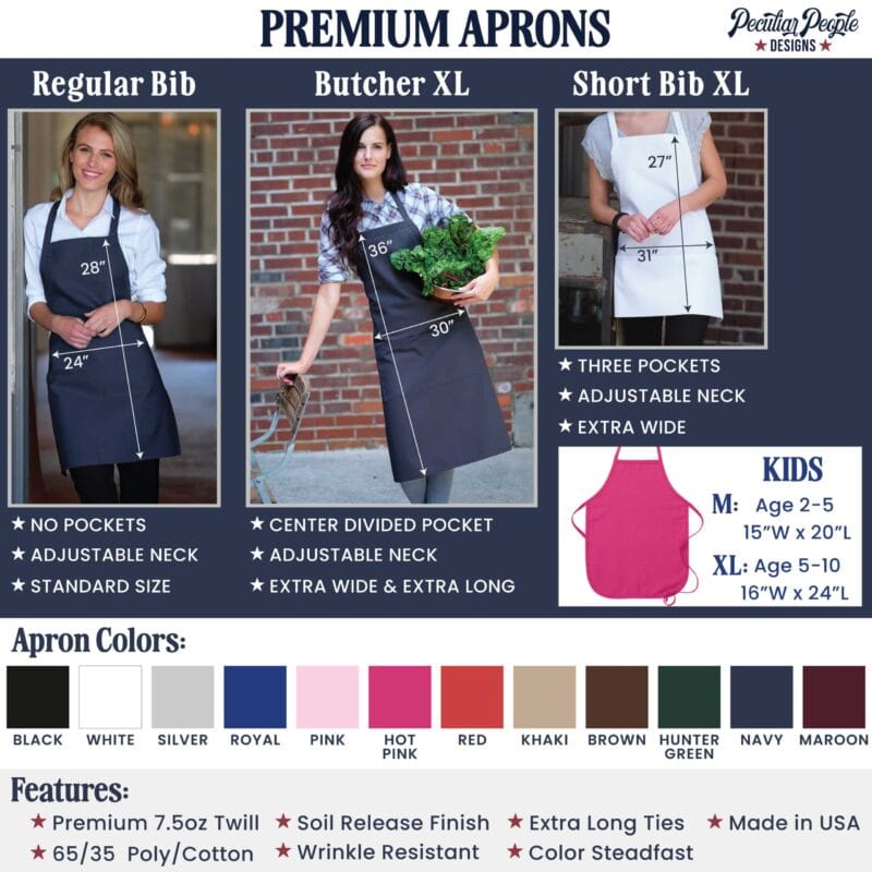 Premium apron styles, color and size chart