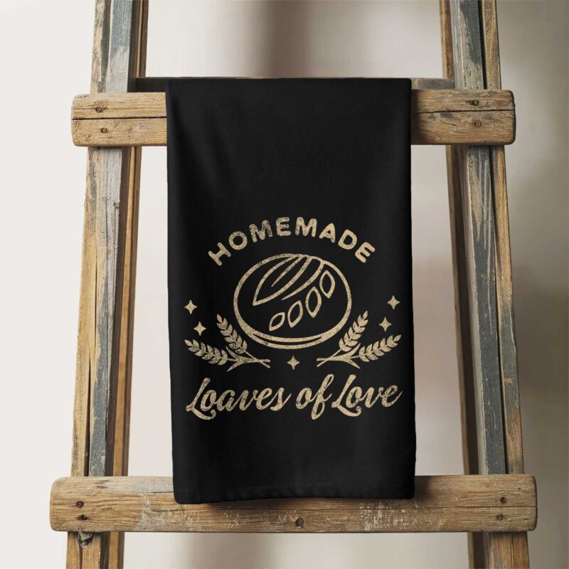 a homemade loaves tea towel in black