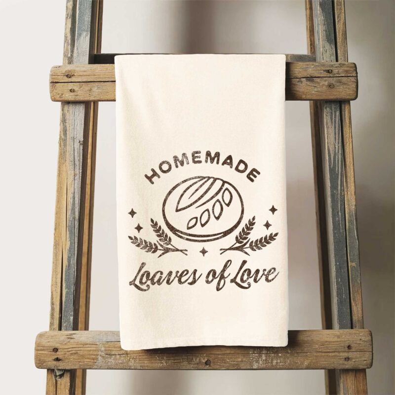 a homemade loaves tea towel in natural