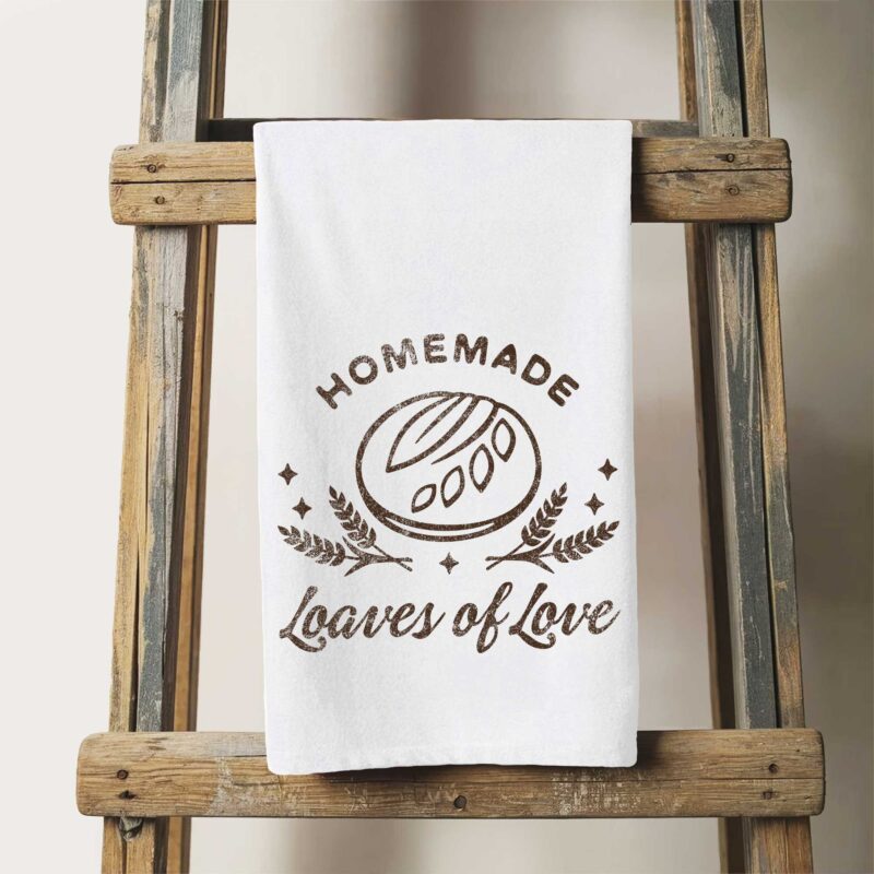 a homemade loaves tea towel in white