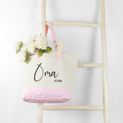 a first time new grandma personalized tote bag in pink