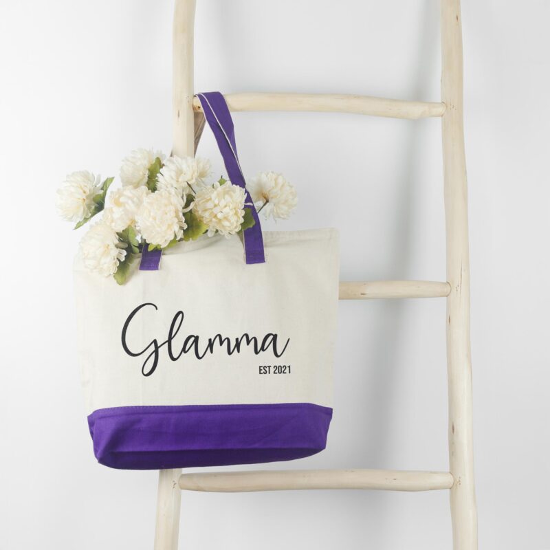 a first time new grandma personalized tote bag in purple