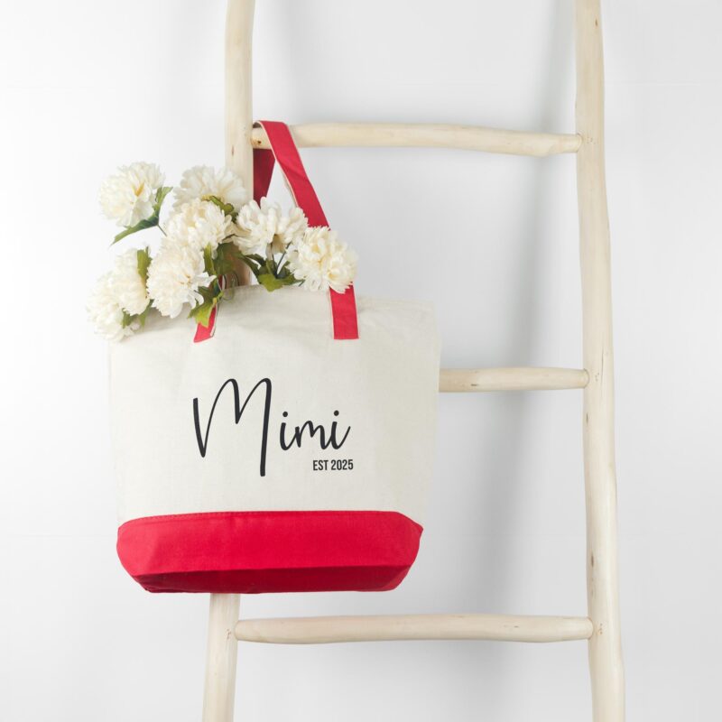a first time new grandma personalized tote bag in red