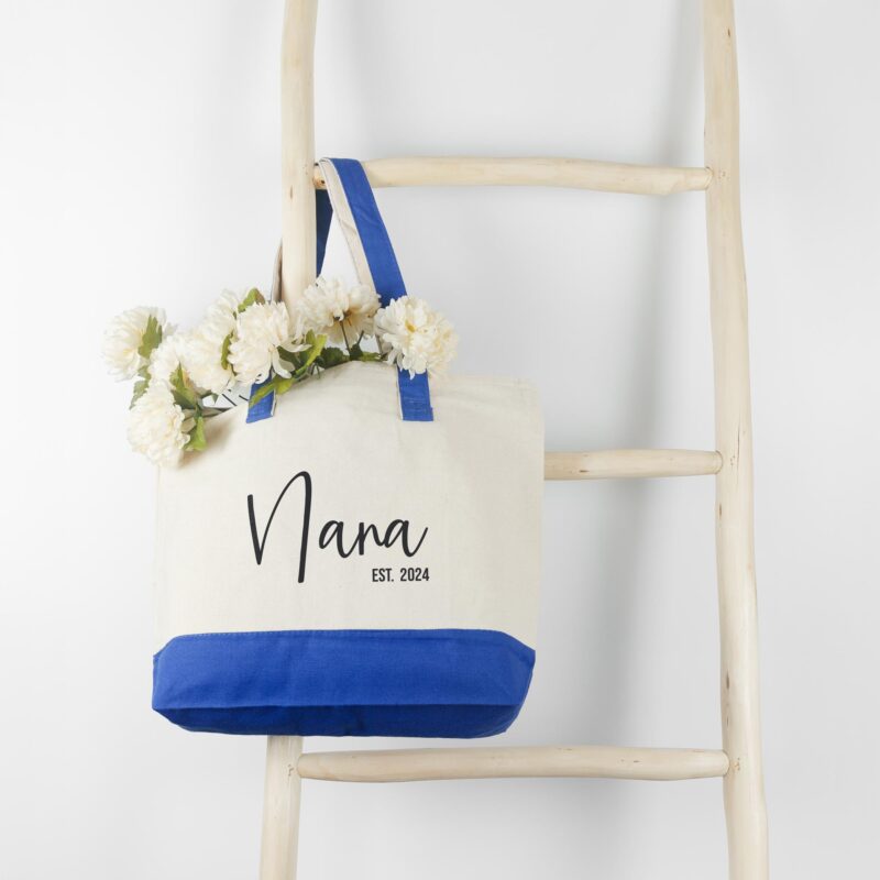 a first time new grandma personalized tote bag in royal
