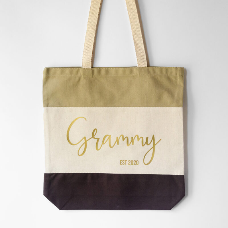 a First Time New Grandma Personalized Tote Bag in brown