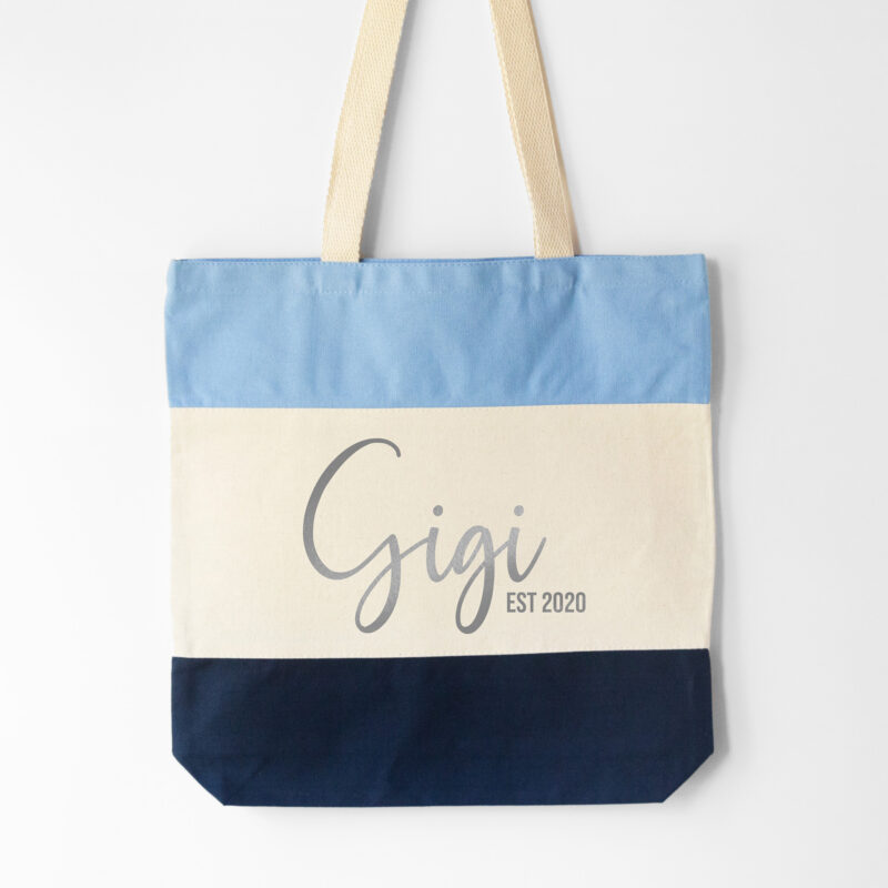 a First Time New Grandma Personalized Tote Bag in blue