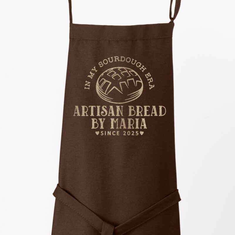 a personalized sourdough bread apron in brown