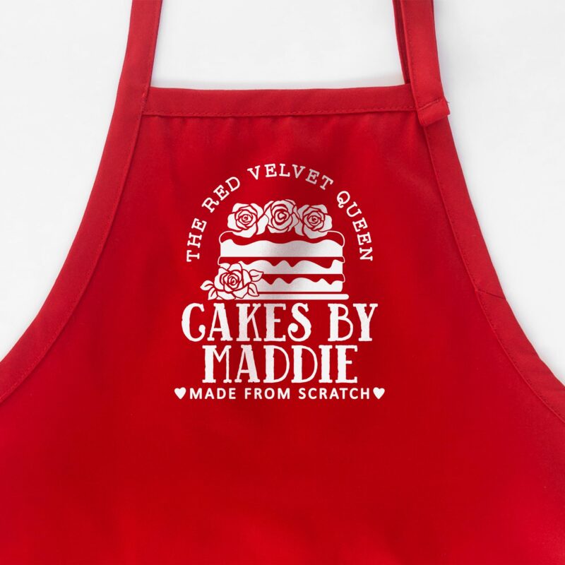 a personalized basic cake apron in red
