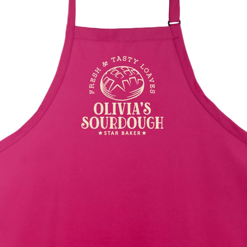 a personalized sourdough bread apron in hot pink