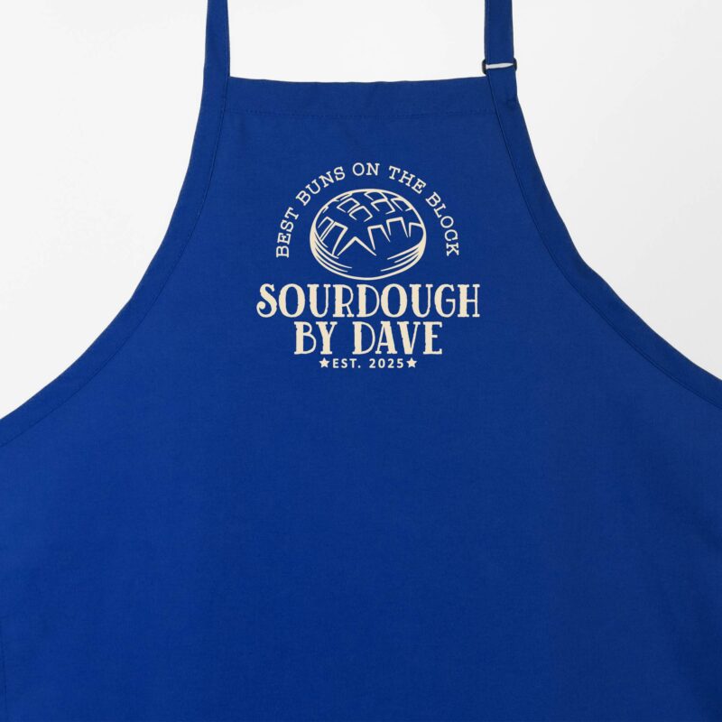 a personalized sourdough bread apron in royal
