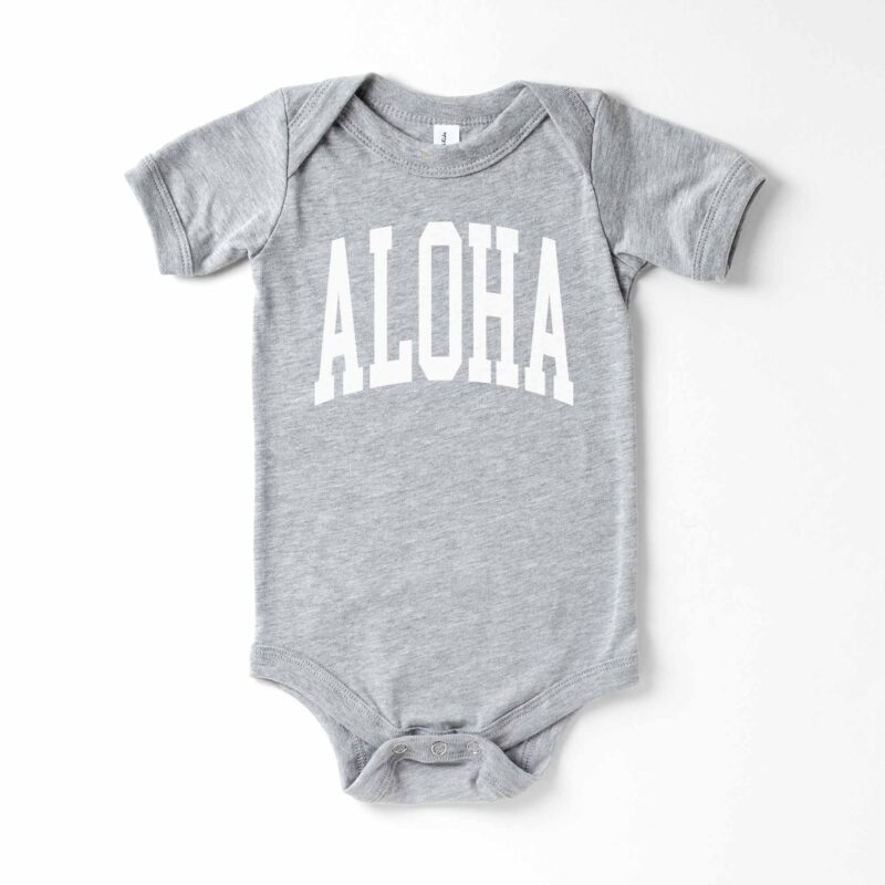 an Aloha Baby Bodysuit in athletic heather