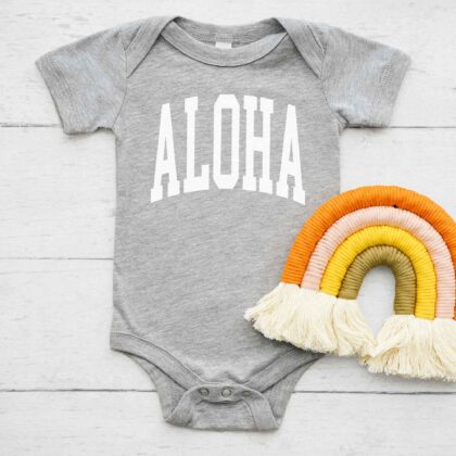 an Aloha Baby Bodysuit in athletic heather
