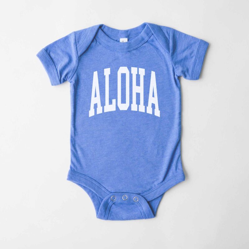 an Aloha Baby Bodysuit in heather columbia blue