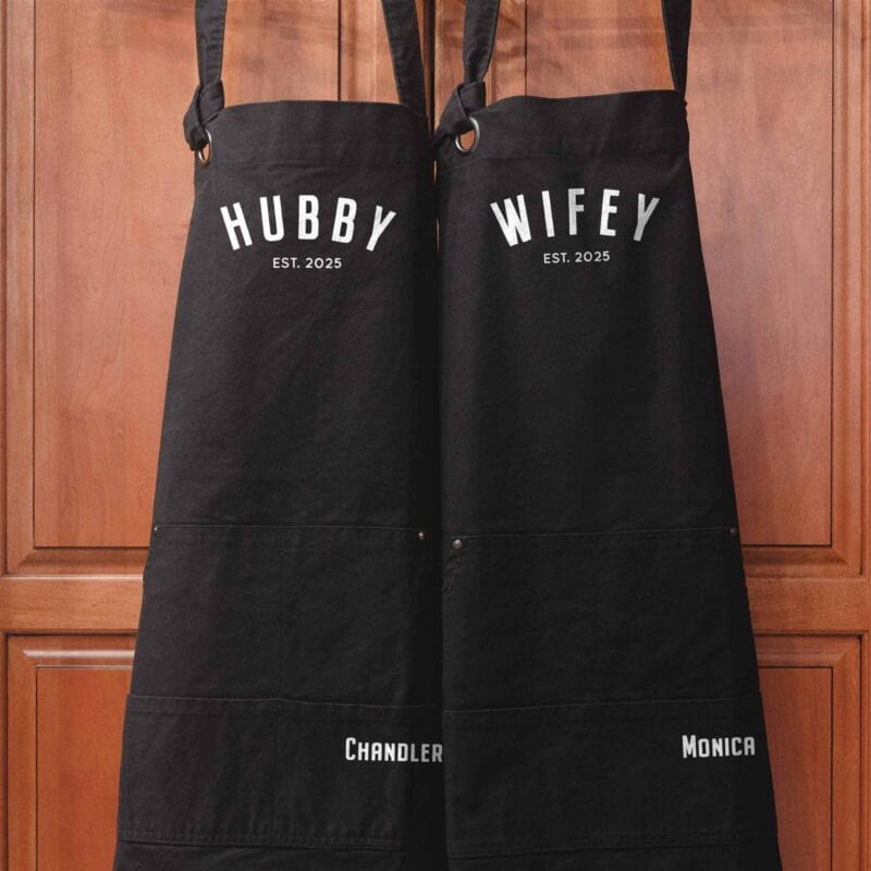 a Heavy Cotton Canvas Personalized Hubby Wifey Apron Set in black