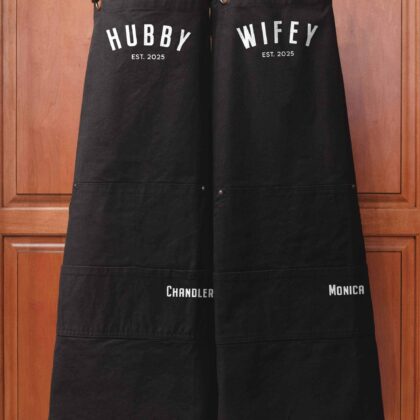 a a Heavy Cotton Canvas Personalized Hubby Wifey Apron Set in black