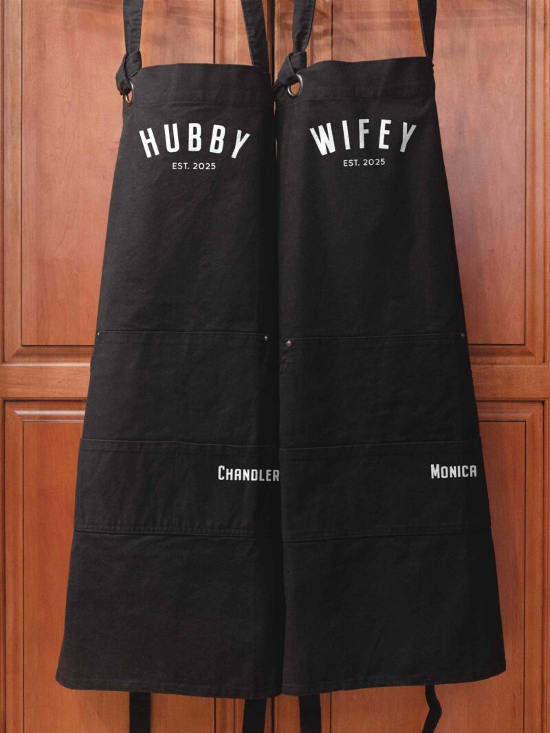 a a Heavy Cotton Canvas Personalized Hubby Wifey Apron Set in black