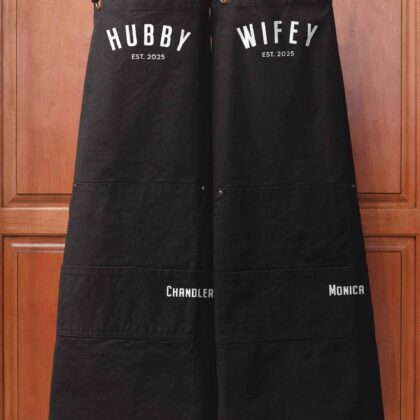 a a Heavy Cotton Canvas Personalized Hubby Wifey Apron Set in black