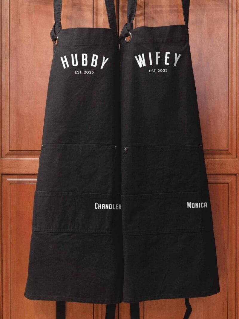 a a Heavy Cotton Canvas Personalized Hubby Wifey Apron Set in black