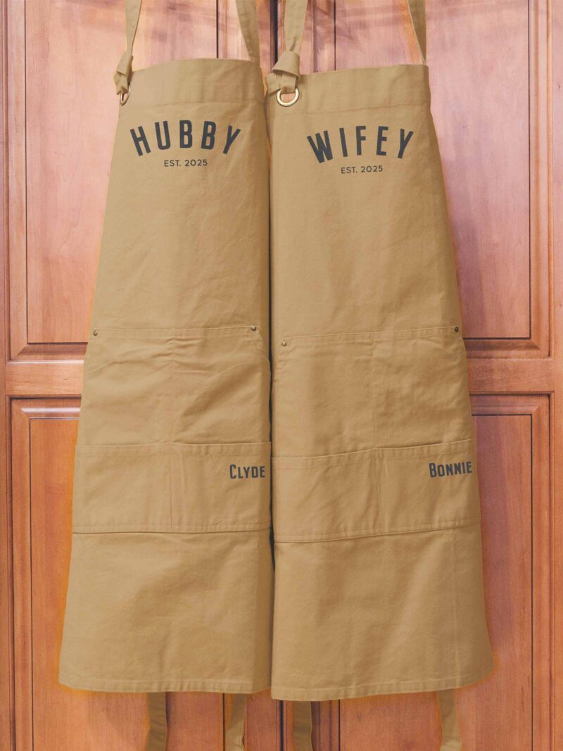 a Heavy Cotton Canvas Personalized Hubby Wifey Apron Set in khaki