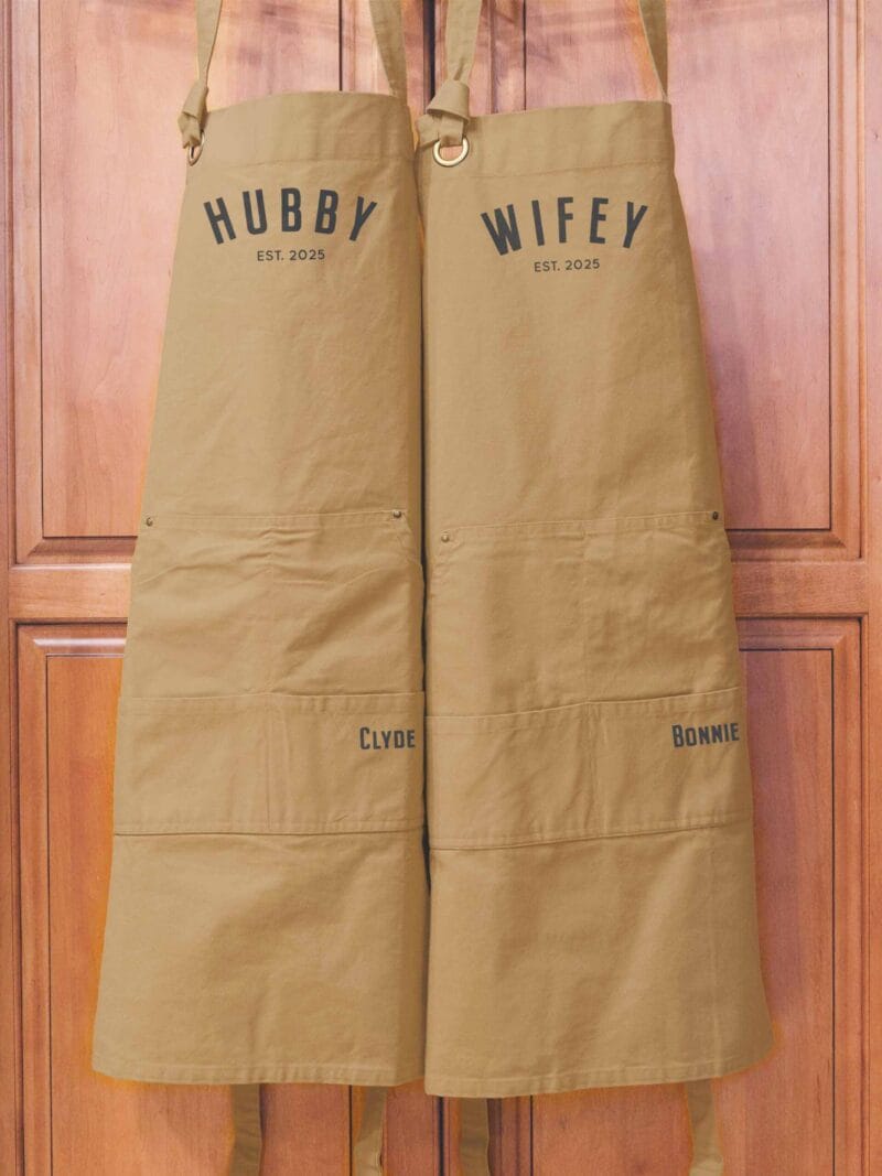 a Heavy Cotton Canvas Personalized Hubby Wifey Apron Set in khaki