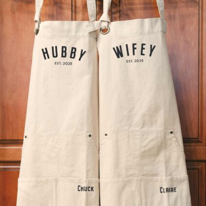 a Heavy Cotton Canvas Personalized Hubby Wifey Apron Set in natural