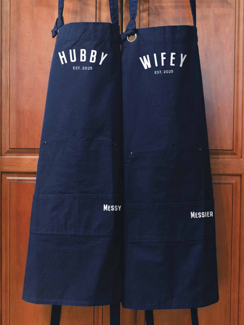 a Heavy Cotton Canvas Personalized Hubby Wifey Apron Set in navy