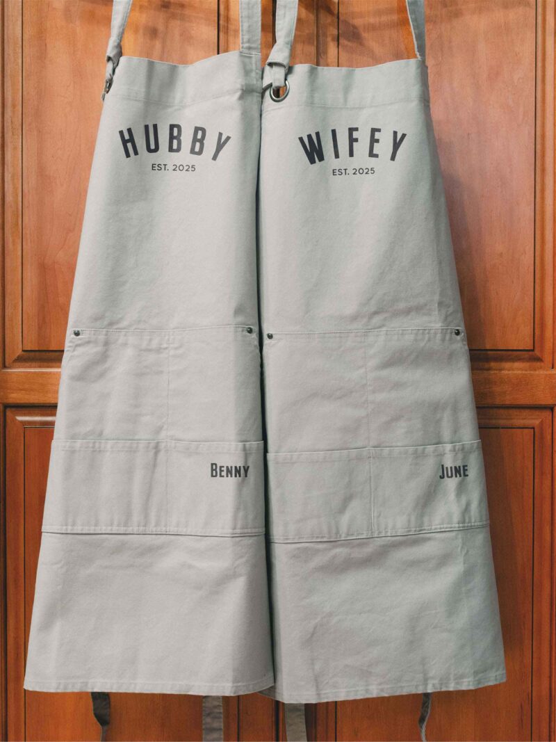 a Heavy Cotton Canvas Personalized Hubby Wifey Apron Set in silver