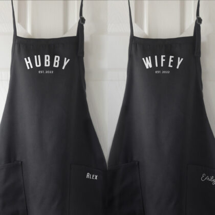 a Personalized Hubby Wifey Matching Apron Set in black