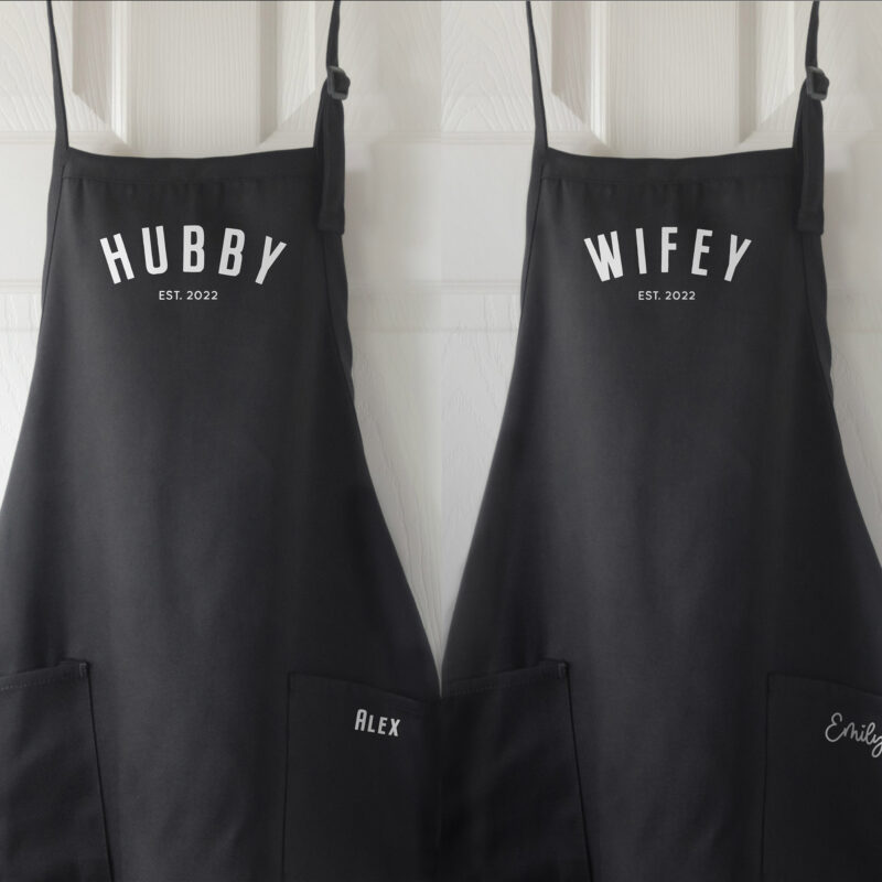 a Personalized Hubby Wifey Matching Apron Set in black