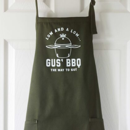 a Personalized Meat Smoker Apron - Charcoal Grill apron in green