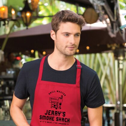 a man wearing a Personalized Meat Smoker Apron - Pellet Grill in red