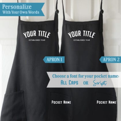 Hubby Wifey matching apron set personalization guide showing custom titles, established years, and pocket names in All Caps or Script for two aprons.